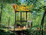A cantilevered cabin designed by R D Gentzler blends into the forest, even as it hovers above a 20-foot drop-off. Its south face is almost entirely glass, but a roof canopy limits solar gain. 