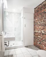 #bathroom #tile #exposedbrick #Boston #Massachusetts #ChrisGreenawalt #BunkerWorkshop 