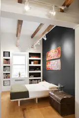 #bedroom #modern #rowhouse #renovation #antiques #recessedbookshelf #beams #MARK+VIVI #Montreal #Canada 