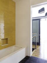 #bath&spa #interior #modern #design #hallway #bathroom #naturallight #kidsbath #annsacks #slatetile #tile #heathtile #color #mango #hue #celadorquartz #quartz #tomdixon #pendantlight #lighting #secondfloor