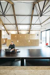#workplace #office #interior #inside #indoor #table #desk #loft #wood #lighting #OSB #storage #renovation #barn #OchreBarn #CarlTurnerArchitects 