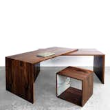 Here, the Walnut Extending Desk or Table is shown as a workstation. The two sides of the table are easily angled to create two spacious desktops. It is shown with the Walnut and Marble Storage Cube, which can be used as a stool or as under-desk storage.