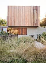 A landscape of native grasses designed by GSLA Studio complements the raw textures of the concrete-and-ipe front facade.