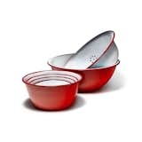 Get into the Valentine’s Day spirit while you cook or bake with the Falcon Enamelware Prep Set, shown here in bold red. The set includes five mixing bowls and a colander.