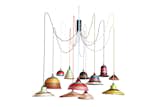 His hanging lights sport textile-like lampshades made from recycled plastic scraps.