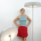 Inga Sempé stands aloof and alight by both the tall and short versions of the Lampe Plate for Cappellini in 2001.