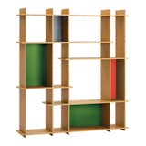 Primary colors and black lines put Piet Mondrian into history and onto the grid. Arik Levy’s Level bookcase gives green a go and yellow the boot, though it still evokes the Dutch de Stijlist’s rigid compositions.