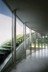 Outdoor staircases can also incorporate greenery, taking advantage of the sunlight and rain that falls on them. In this house in Poland, a curved wall of windows envelop the open-air living room. The staircases outside leads to a green roof, which helps to retain heat in winter and cool interiors in summer.