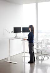 The Float height-adjustable table is one of the items that's OfficeIQ compatable. A battery-powered sensor within the desk communicates with the app via Bluetooth.  Search “morphosis-float-house-for-nola.html” from This Smart Standing Desk Will Make Your Work Day Healthier