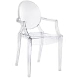 Louis Ghost Chair -- Kartell (2002)

This iconic seat shows Starck playing with form and material, recasting the royal Louis XV chair concept with translucent, injection-molded polycarbonate. More than a million of these chairs have been sold.