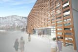 The museum was designed around, says Ban, "enjoying the view of the mountain."

Architectural rendering of the main entrance of the new Aspen Art Museum on East Hyman Avenue in the town’s downtown core. Image courtesy of the Aspen Art Museum and Shigeru Ban Architects (SBA).