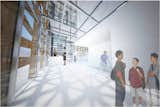 The woven facade tempers the intense Aspen sun. "I tried to open the museum to the street and plaza," says Ban, who points out that he intended for the main building to be "totally practical, to contrast with the handmade craftsmanship."

Architectural rendering of the lobby and main interior entrance area of the new Aspen Art Museum on the East Hyman Avenue side. Image courtesy of the Aspen Art Museum and Shigeru Ban Architects (SBA).