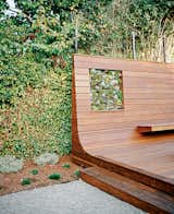 Cox initially conceived the deck as a conventional surface for relaxing and entertaining. With the bench, however, he seized an opportunity to create something both functional and visually arresting. “You go down these paths and, as the design mutates, other ideas attach themselves and make it stronger and more interesting,” he says.