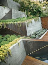 Board-formed concrete retaining walls double as ramps from the deck to the garden’s highest point.