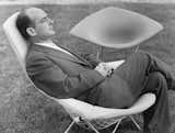 Bertoia, here shown sitting in one of his famous chairs, designed in 1951 for Knoll.