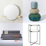 Clockwise from top left: Crosscut mirror by Faudet-HarrisonFrank, Ernest & Henry pouffes in Field Day by Donna Wilson, Side table by Jasper Morrison and Lincoln sofa by Lucy Kurrien for SCP. See it at Salone in Hall 16, Stand D45.  Search “SCP” from 2014 Salone del Mobile Furniture Preview