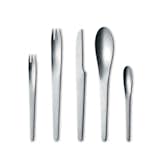 Five-Piece Cutlery Set by Arne Jacobsen for Georg Jensen 

Designed to fit naturally in the diner’s hand, this sculptural flatware from 1957 trades ornamentation for svelte, minimalist shapes in matte steel.