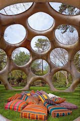 Buckminster Fuller's Fly's Eye Dome with Sunbrella pillows. The exhibition "Exteriors" will be on view at LongHouse Reserve through October 4, 2014.