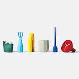 Babylon collection by Samuel Wilkinson by Lexon. Inspired by rocks, these faceted desktop accessories—tape dispenser, scissors, stapler, cup, pen, and alarm clock—are made of injection molded plastic.