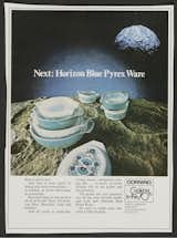 "Often popular images and colors were tied in to the ads to increase appeal.  For example, Horizon Blue appeared in an October 1969 advertisement, the blue-themed dishes resting on a lunar-like surface.  Just months before, Americans had seen Neil Armstrong and Buzz Aldrin land on the moon."

Advertisement in McCall's, 1969.  Photo 5 of 9 in Classic Cookware a Staple in American Kitchens for 100 Years by Allie Weiss