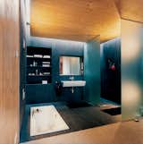 Bath Room, Drop In Tub, Wall Mount Sink, and Dark Hardwood Floor The master bathroom is softly lit by a skylight. The bath, by Laufen, is sunk into the floor to maintain a feeling of space.  Photo 8 of 10 in A Suspended Living Room Floats Like an Air Ship