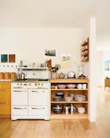 Cooktops, Light Hardwood, Storage, and Shelves “A lot of the things in here are found objects,” Siegal says of her home’s contents. The vintage stove, with its funky yellow Bakelite knobs, was inherited from the previous owner.  Storage Light Hardwood Cooktops Photos from Method Lab