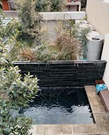The lush backyard garden, with therapy pool in the foreground, hosts the green wall, which reduces the house’s drain on city water by 75 percent. Hidden behind the stone feature wall are three 800-gallon rainwater tanks that store whatever water falls from the skies.