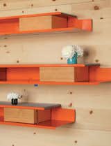 Robertson designed the orange powder-coated-steel shelves and storage units that line the knotty-pine walls.