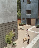 Unlike most Houston yards, there’s no grass to cut around these houses. Instead, the garden is gravel interspersed with low-maintenance plants like black bamboo, agave cacti, and foxtail ferns. Set inside concrete and steel planters that the Fords made themselves, the landscaping also hides protruding air conditioners. &nbsp;