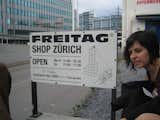 The sign out front encourages truckspotting from the tower's observation deck. I spotted a couple tarps that would have made nice bags from up there, and the views of Zurich are incredible.  Photo 13 of 14 in Touring the Freitag Factory by Aaron Britt