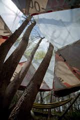 Rain Sail by Team Strada, Alexa Rosse and Ari MillerConstructed of recycled billboard material, this structure features hammocks under saillike wings of fabric that collect rain to power generators and light the structure at night.Photo by Jack Ramsdale. Courtesy of the Schuylkill Center for Environmental Education.
