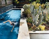 Outdoor, Small, Swimming, Lap, and Back Yard Day takes a swim in a new lap pool framed by a lush Southern California garden. The lower wall next to the pool is made from stacked Pennsylvania bluestone, which was used for all exterior stone as well.  Outdoor Lap Photos from Way Out West