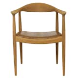 "The Chair", in oak and tan leather, created by Hans Wegner in 1949.