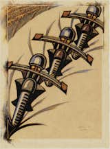Given how indebted the British prints in the show are to both cubism and Italian futurism, many of them deal overtly with speed. Here in "Speedway" by Sybil Andrews from 1934 we see a trio of motorcyclists nearly transformed into giant insects by their careening machines.