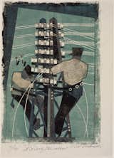 Though the majority of these prints concern themselves with war machines, zooming cars and whirling pleasure machines, I loved Lill Tschudi's examination of where all that power comes from. Here "Fixing the Wires" gives us that same jazzy brand of abstraction applied not so much to vehicles as to infrastructure.