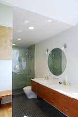 The view toward the shower space; the vanity runs the nearly the entire length of the wall.