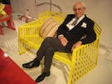Richard Schultz looking good, lounging in one of his new double Wing loungers in daffodil yellow. He said it was based on a piece he designed in the 80s—a prototype made out of cardboard—that was made possible to manufacture with laser cutting techniques. "The great designs have always been extremely practical and comfortable," he says. When his old friend Bruce Hannah stopped by, they shared stories of working with some of the other big name legends: Jens Risom and Harry Bertoia.