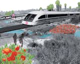 The plan features a wastewater-treating, energy-producing transportation loop, places a magnetic levitation railway within the freeway right of way.
