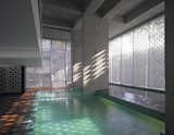 The aluminum casing creates a play of light and shadows as the sun moves across the building. A lap pool, at right, spills over into the main pool.