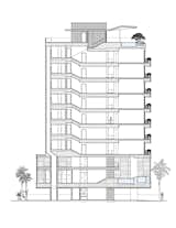 The side elevation of the building shows the seven 2,500-square-foot apartments, including the owner's two-level penthouse apartment, stacked above the common area downstairs. Image courtesy Khanna Schultz.