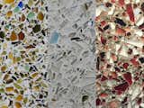 Vetrazzo, a glass surfaces company, was recently acquired by Polycor and moved its production from the Bay Area to Tate, Georgia. Its manufacturing process--using 100-percent recycled glass and cement--and "story-based" products, however, have not changed. Pictured here (left to right) are its Alehouse Amber (made with post-consumer recycled beer bottles, root beer bottles, and other), Glass House (which uses recycled clear glass--the color splashes come from the labels--that homeowners set out at their curbs), and Firehouse (a rare red surface that used glass from decommissioned stop lights and the San Jose airport runway when the glass was replaced with acrylic).