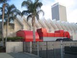 Here's a pulled-back view of the red "lungs" and the sails on top of the building. I love the Variety tower in the background. There are four big banks of red service equipment. Beyond that the palette is of glass and stone, the same used in the Broad Museum of Contemporary Art across the corridor.
