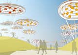 Just as if they were living, breathing structures, the “Desert Blooms” in this proposal are flora-inspired, gas-filled balloons (acting as solar concentrator devices) that follow the path of the sun during the day and lay down to rest at night; Visitors would see different alignments of the colorful floating structures depending on the time of day and season. With a total of 51 balloons covering the Desert Blooms site, the design would generate enough energy to power roughly 15,000 homes.

Design by: Jude D’Souza, Suprio Bhattacharjee, Vittal Sridharan, and Kush Patel (ETT Architects)