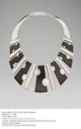 Byron Wilson's silver, ebony, and ivory necklace from 1956 shows how modern design worked its way into jewelery as well.