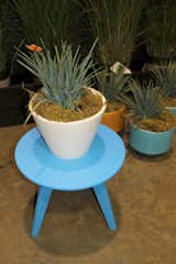 A delicate but durable round table in blue by Loll, which makes its furniture out of 100-percent recycled plastic. And it looks much nicer than an old water bottle. The planters, much-coveted on the show floor, are from Gainey Ceramics.