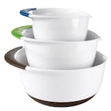 Mixing bowls are ubiquitous. These ones stand out with their small details. The one-and-a-half-, three-, and five-quart bowls feature nonslip handles and bases as well as spouts for pouring. They are color-coded by size and nest away for space-saving storage.