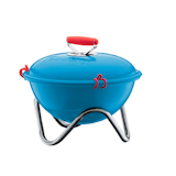The Fyrkat Charcoal Picnic Grill by Bodum in red, steel, and blue.