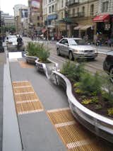 Hood told me that the design brief was to "express the ideas that Audi represents." The German auto manufacturer ponied up the $900,000 needed for the project and though you could easily use the parklets without having any idea that Audi was involved, Hood took much of his inspiration from their new A7 car. He likened the twisting railing you can see on the planter here to the aluminum chasis of the car. Local garden store Flora Grubb supplied the plantings.