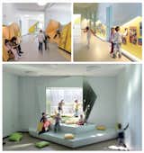 The climbing structures' soft yellow padding and oak framing continue on the inside of the Tuka-Tuka-Land kindergarten creating interactive spaces and few straight walls.