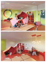 Die Baupiloten also designed the Familienservice School in Berlin, located in a converted floor of an office building. In this play space, bookshelves, reading nooks, and other stackable polygons can be piled in a multitude of formations so that the learning landscape is ever-changing.